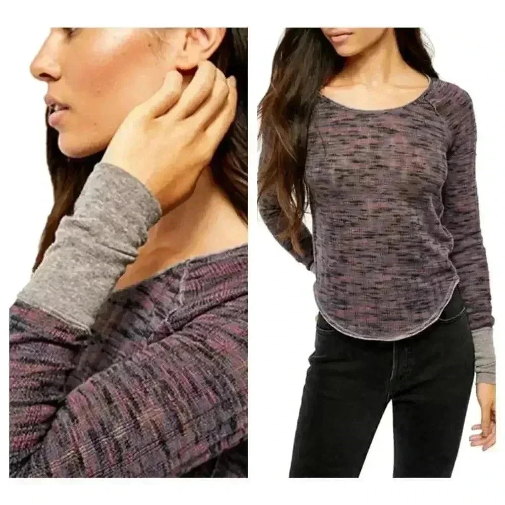 Free‎ People NWT Navy Space Dye Long Sleeve Thermal Knit Top Thumbhole Small S